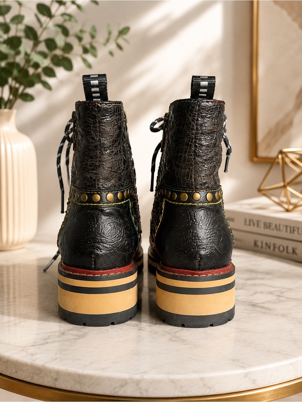 Women's Black Leather Lace-Up Combat Boots with Accent Trim - Picture 3 of 3
